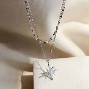 #NEW 925 Sterling Silver Diamond Pearl Star Double Layer Necklace